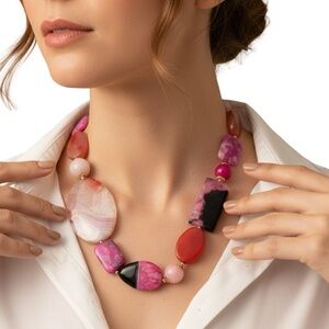 Pink Agate Beaded Statement Necklace 16"